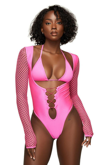 Neon Pink Open Front Lace Up Bodysuit Bikini Top
